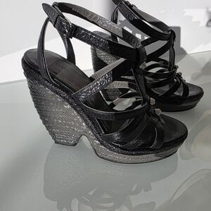 Balenciaga Black Strappy Wedge Sandals